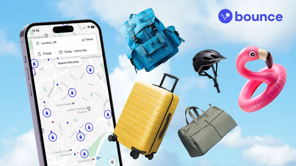 Bounce luggage storage: booking map on a phone with suitcases and travel accessories