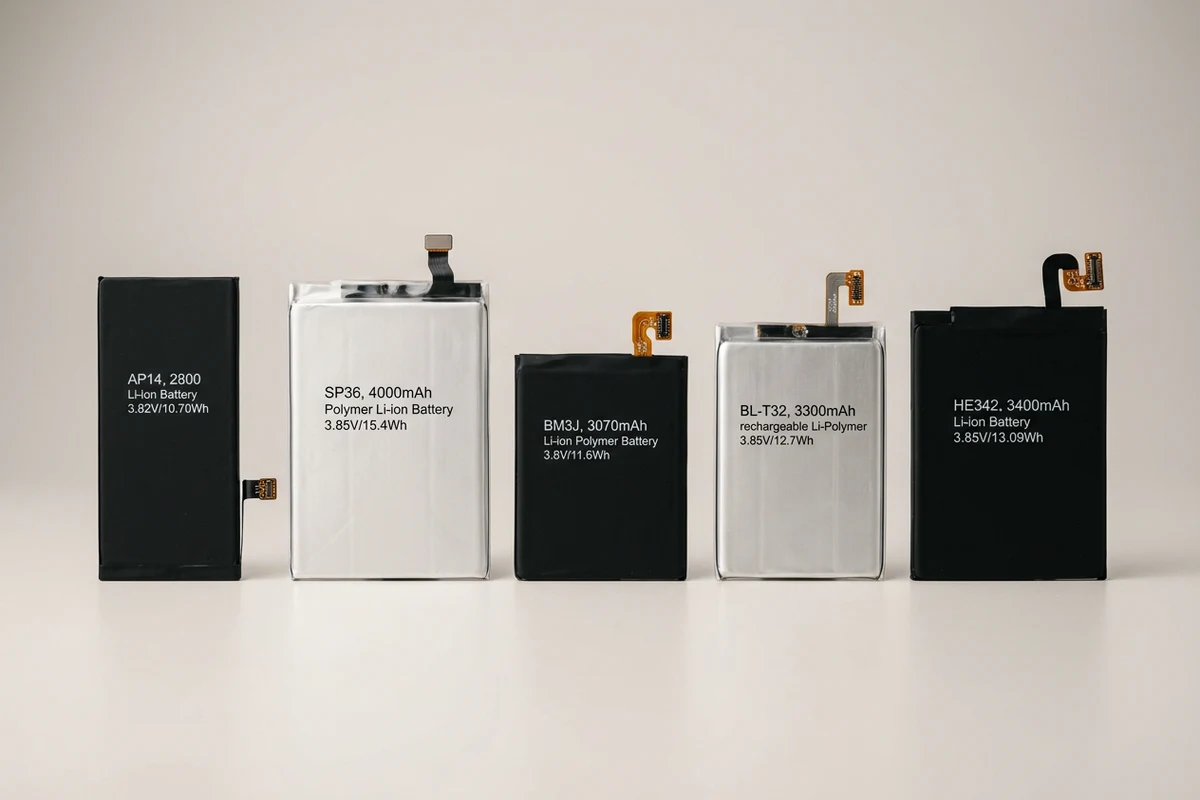 Different smartphone replacement batteries with black and silver casings and flex connectors