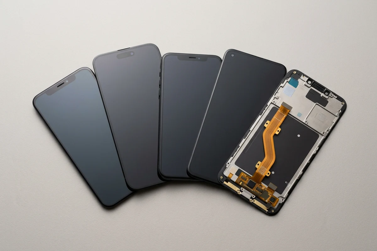 Different smartphone LCD and OLED replacement screen assemblies with glass fronts, metal backing and flex connectors